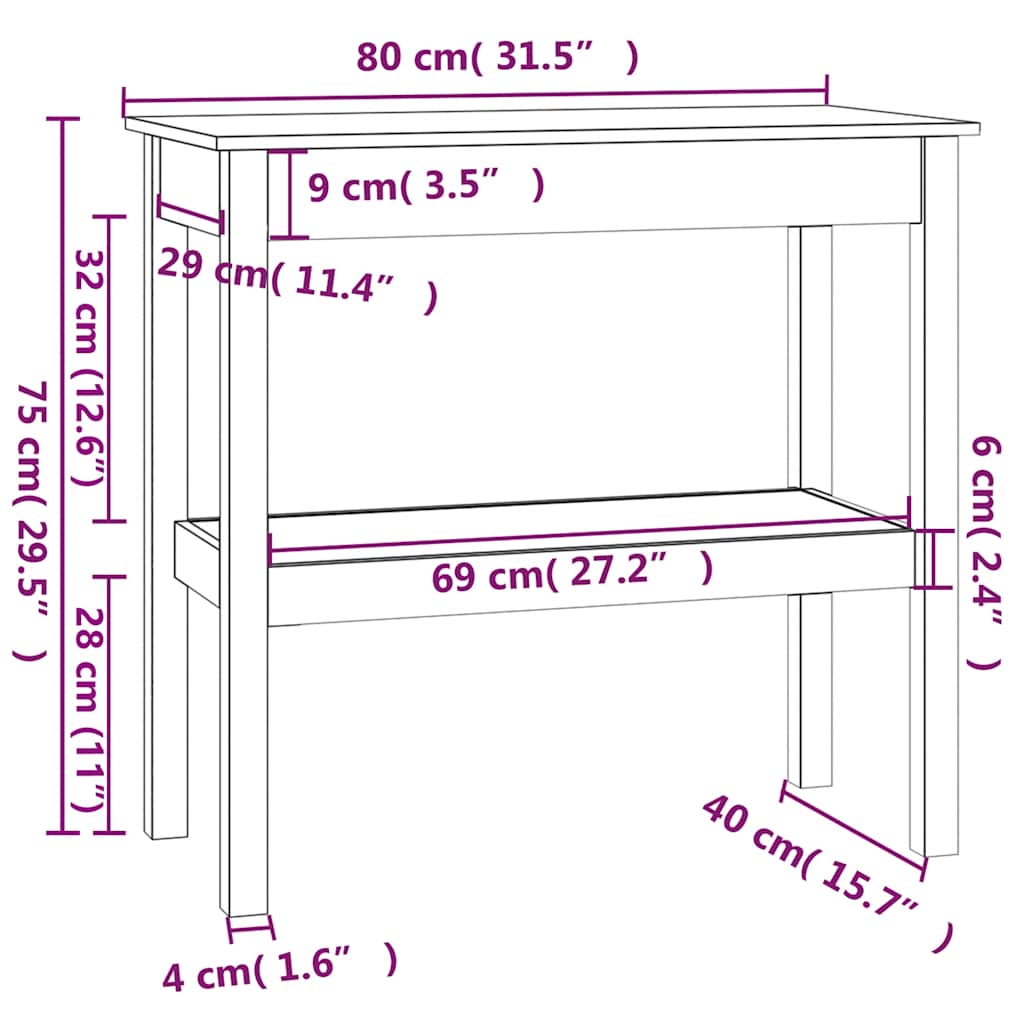 Konsollbord hvit 80x40x75 cm heltre furu