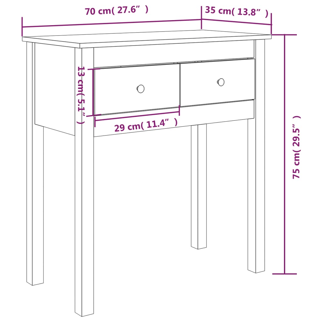 Konsollbord 70x35x75 cm heltre furu