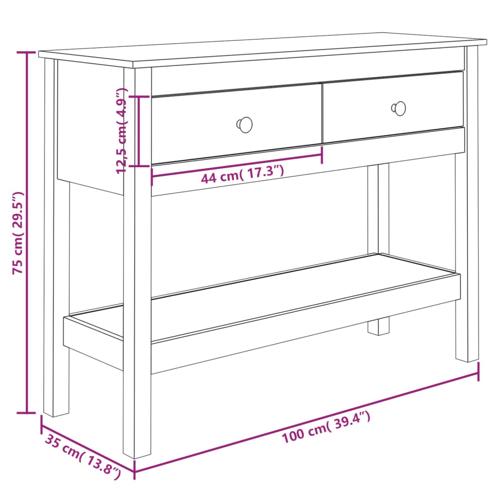 Konsollbord hvit 100x35x75 cm heltre furu