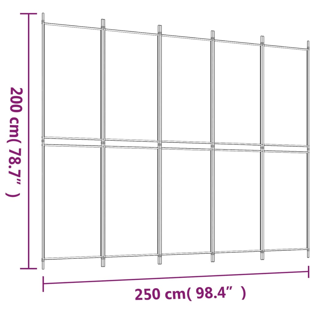 Romdeler med 5 paneler hvit 250x200 cm stoff