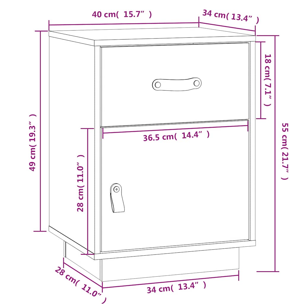 Nattbord 2 stk hvit 40x34x55 cm heltre furu