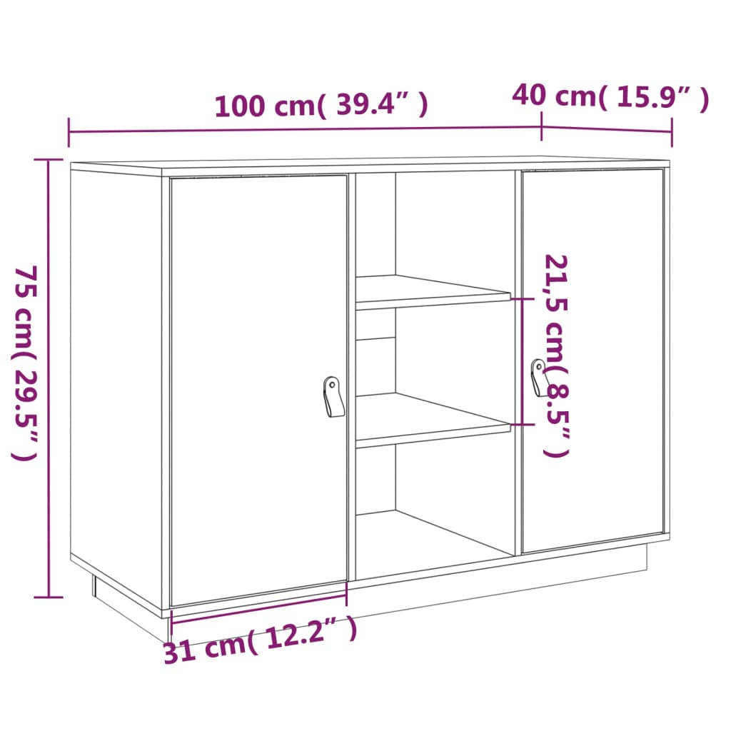 Skjenk hvit 100x40x75 cm heltre furu