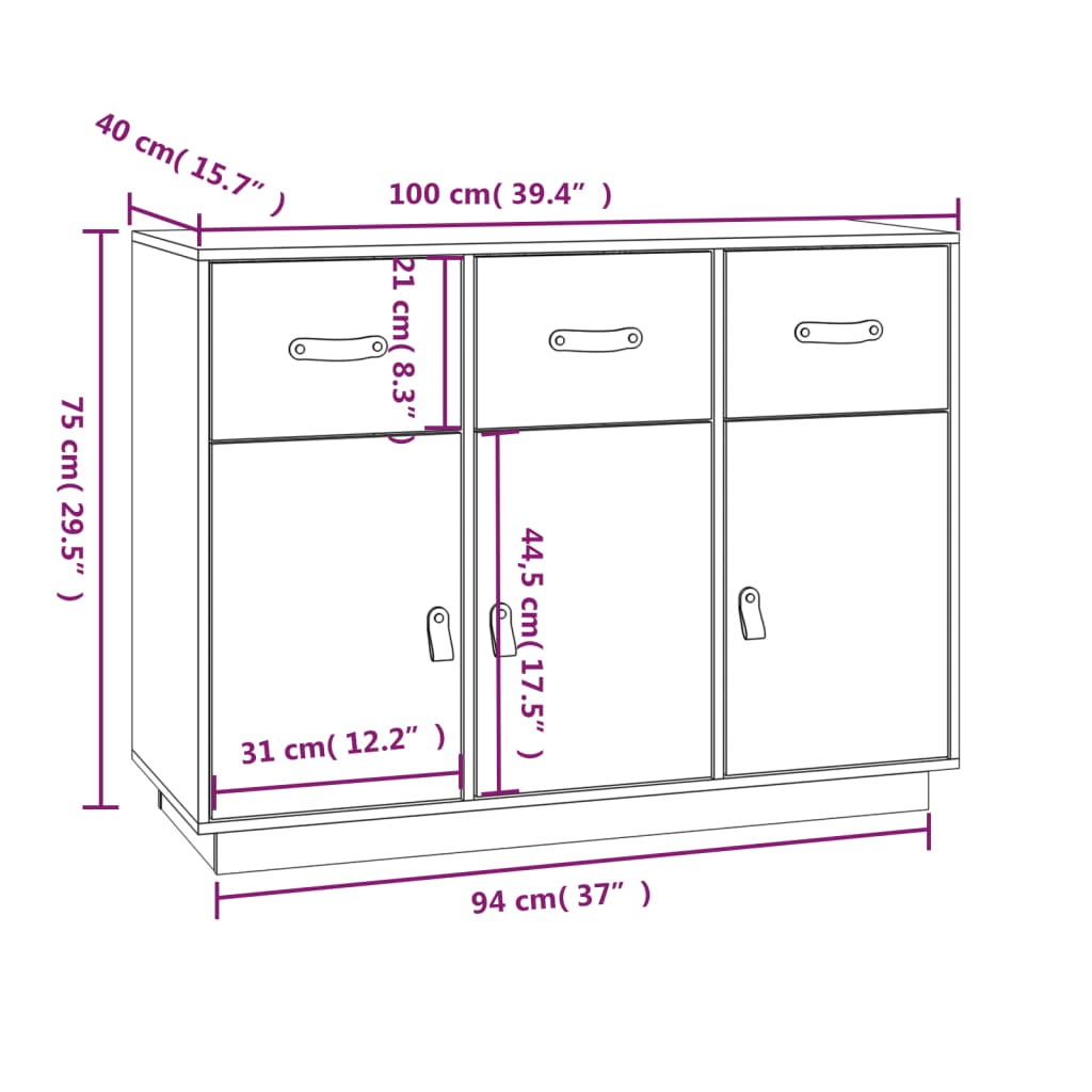 Skjenk hvit 100x40x75 cm heltre furu vidaXL
