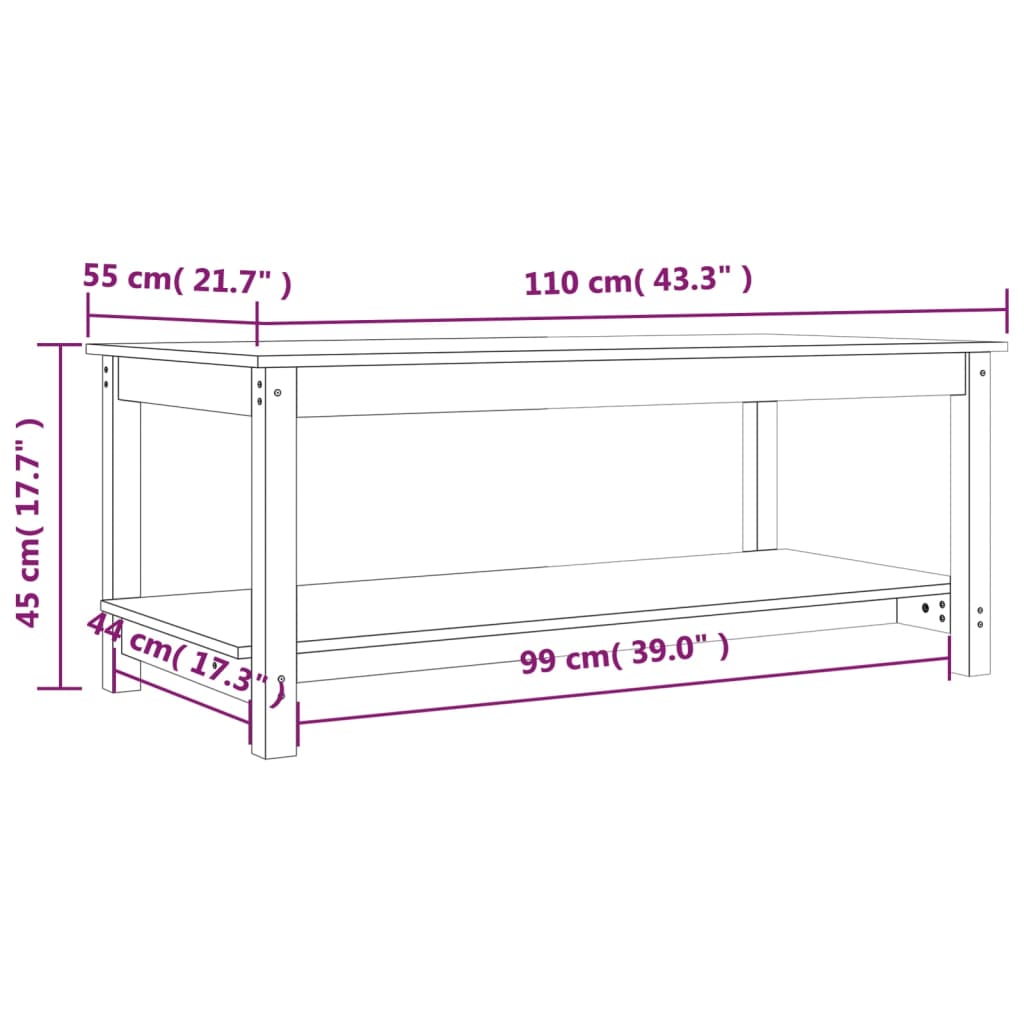 Salongbord hvit 110x55x45 cm heltre furu