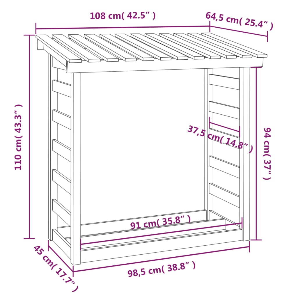 Vedstativ 108x64,5x110 cm heltre furu
