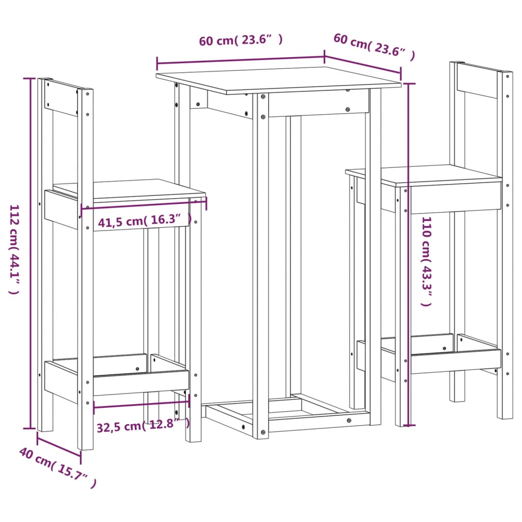 Barsett 3 deler heltre furu vidaXL