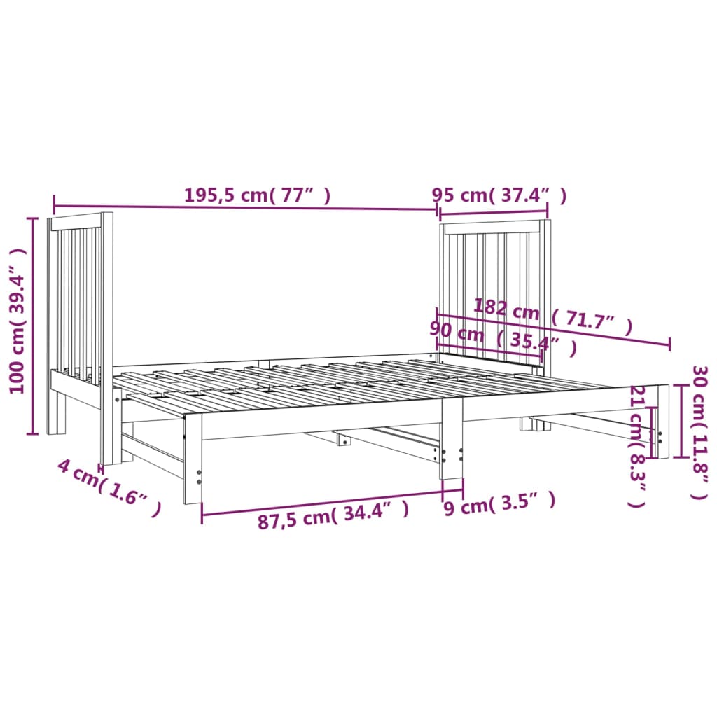 Uttrekkbar dagseng 2x(90x190) cm heltre furu