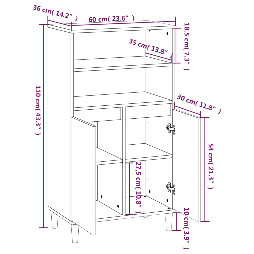 Highboard hvit 60x36x110 cm konstruert tre