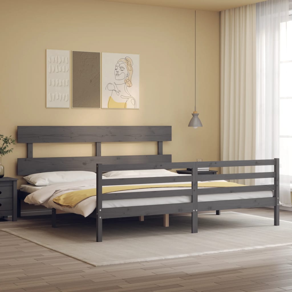 Sengeramme med hodegavl grå 200x200 cm heltre