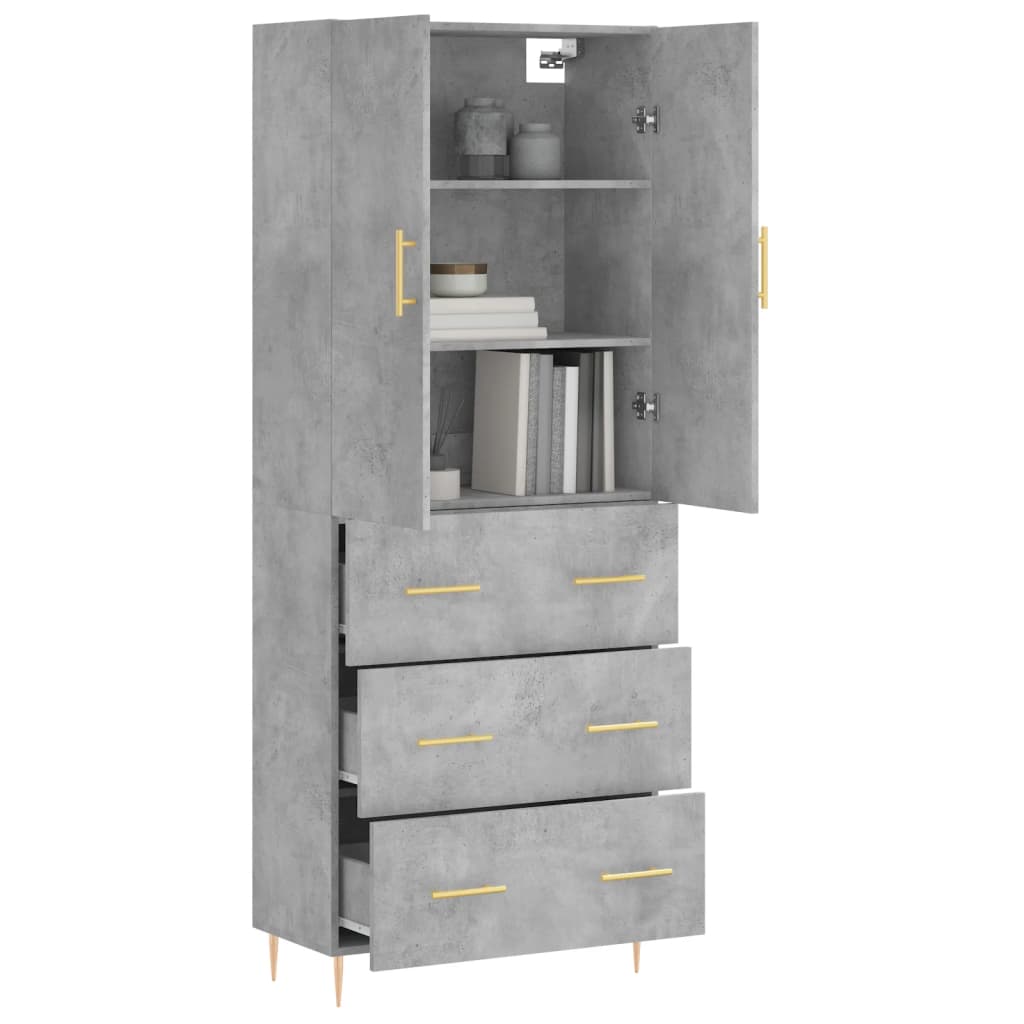 Highboard betonggrå 69,5x34x180 cm konstruert tre