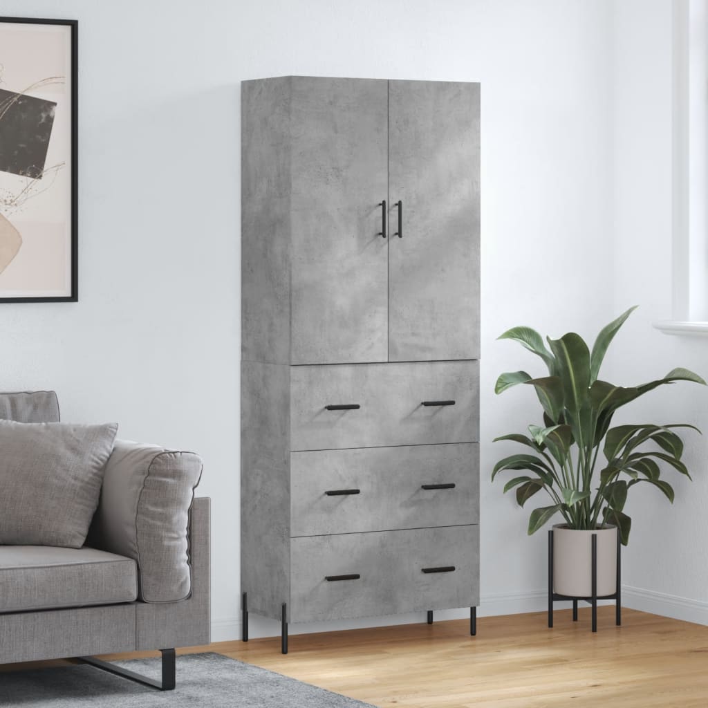 Highboard betonggrå 69,5x34x180 cm konstruert tre
