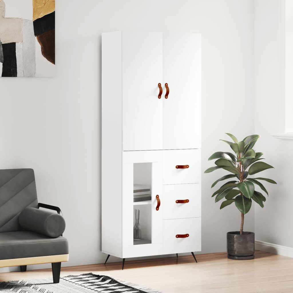 Highboard hvit 69,5x34x180 cm konstruert tre