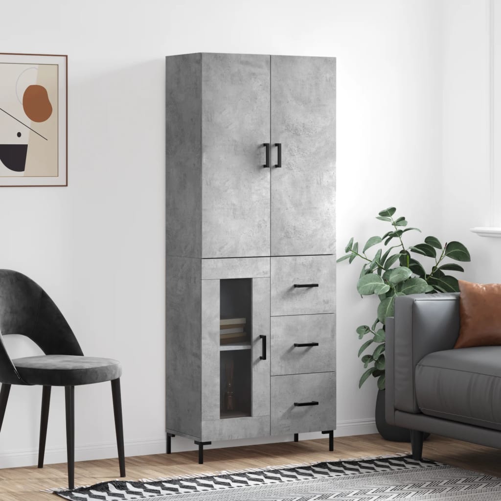 Highboard betonggrå 69,5x34x180 cm konstruert tre
