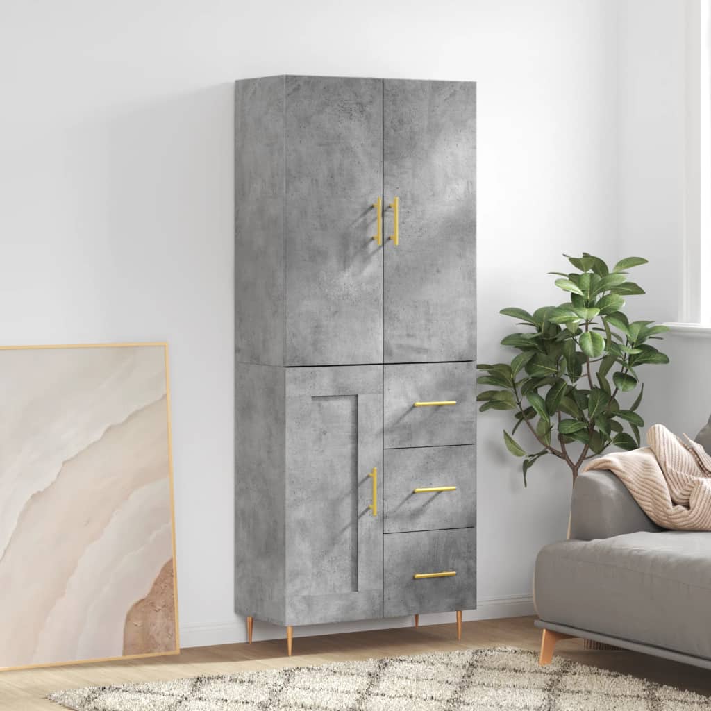 Highboard betonggrå 69,5x34x180 cm konstruert tre