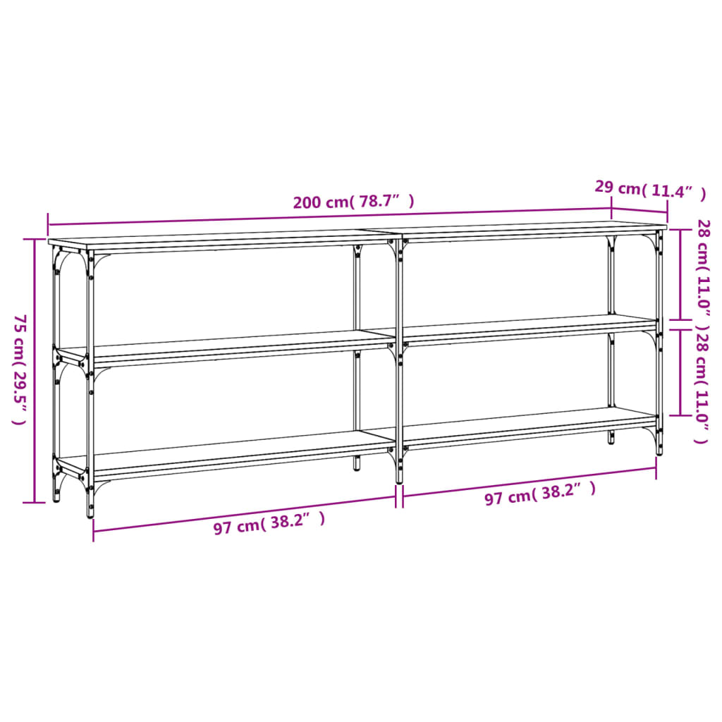 Konsollbord Sonoma eik 200x29x75 cm konstruert tre