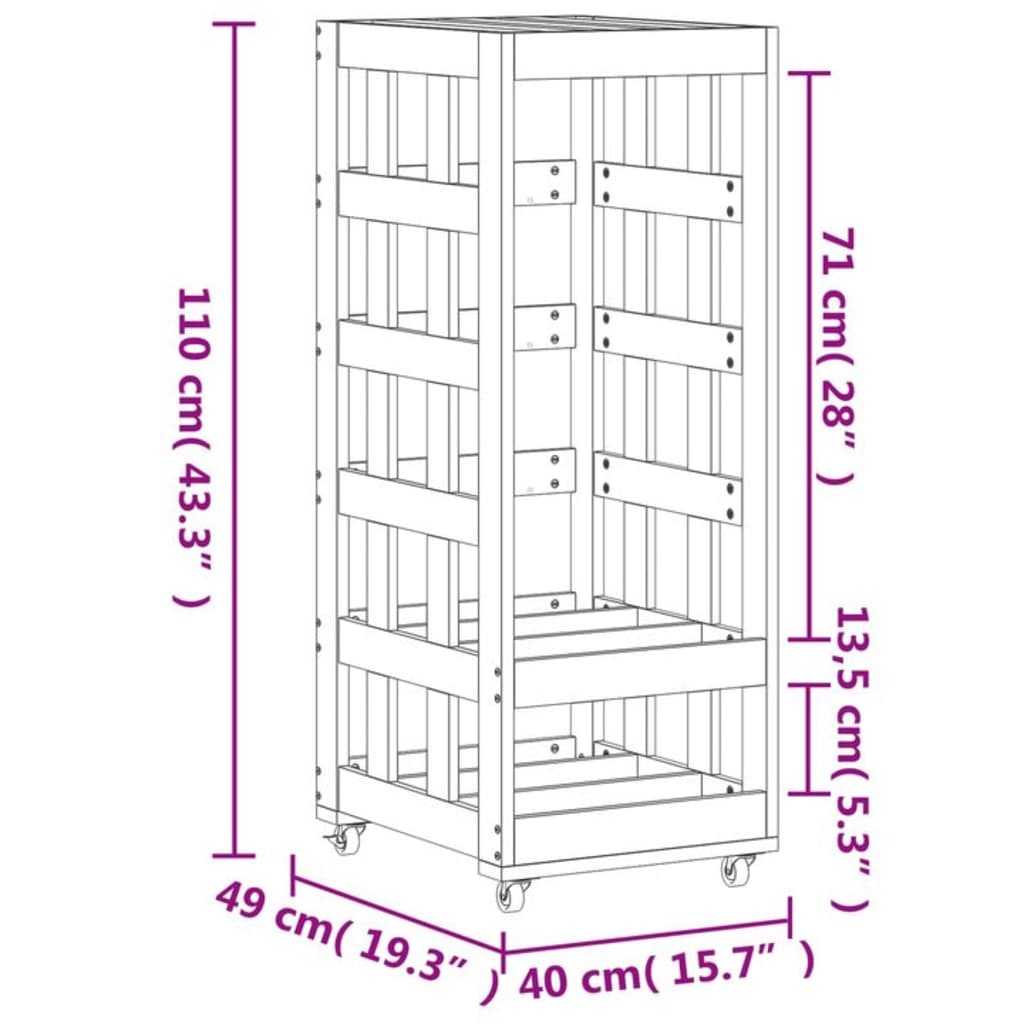 Vedstativ med hjul 40x49x110 cm heltre furu