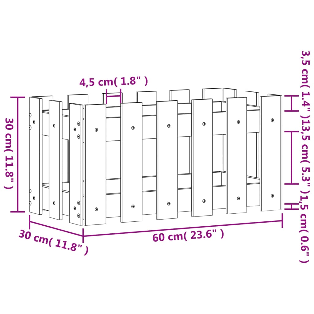 Plantekasse med gjerdedesign svart 60x30x30 cm heltre furu