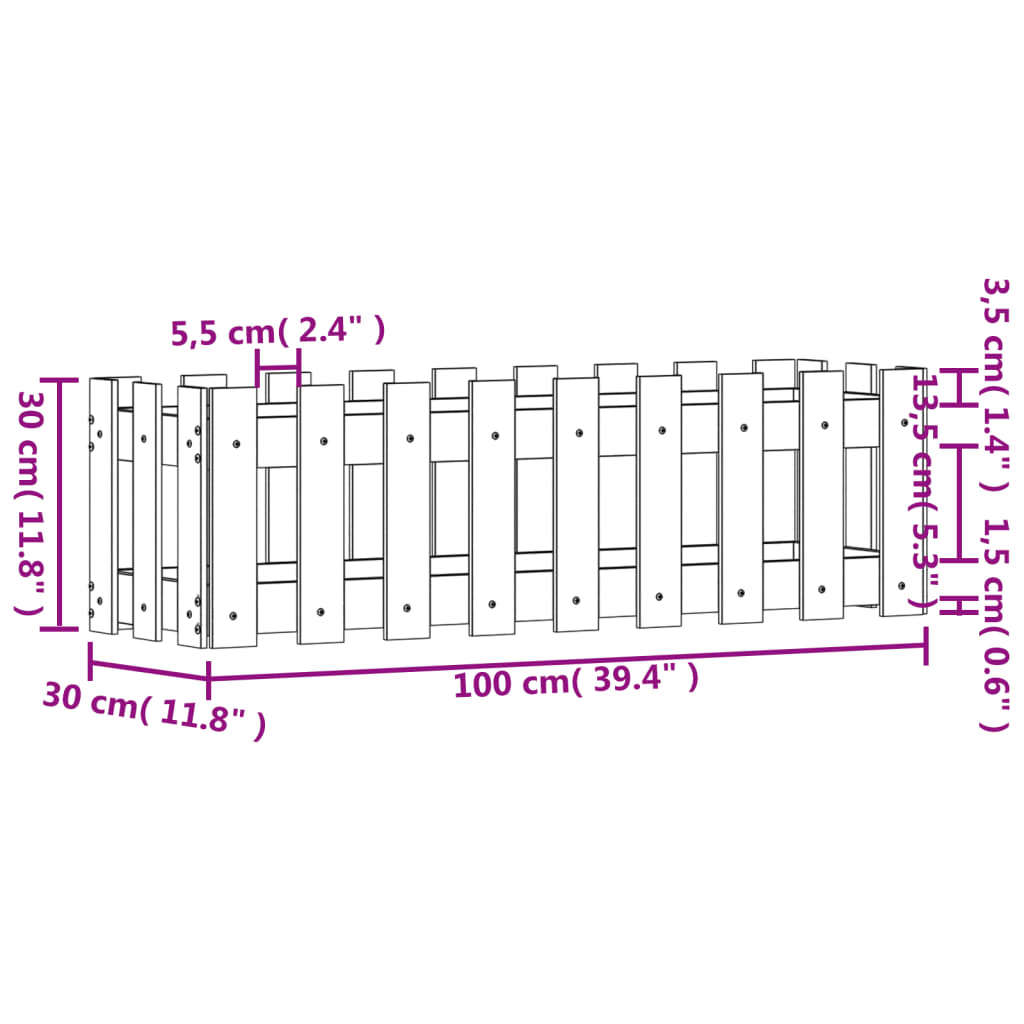 Høybed med gjerdedesign hvit 100x30x30 cm heltre furu