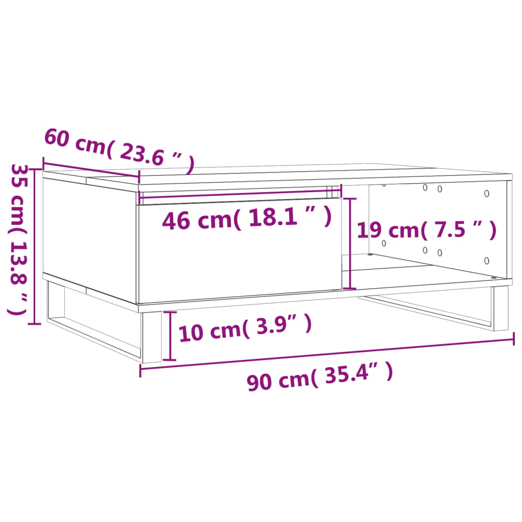 Salongbord hvit 90x60x35 cm konstruert tre