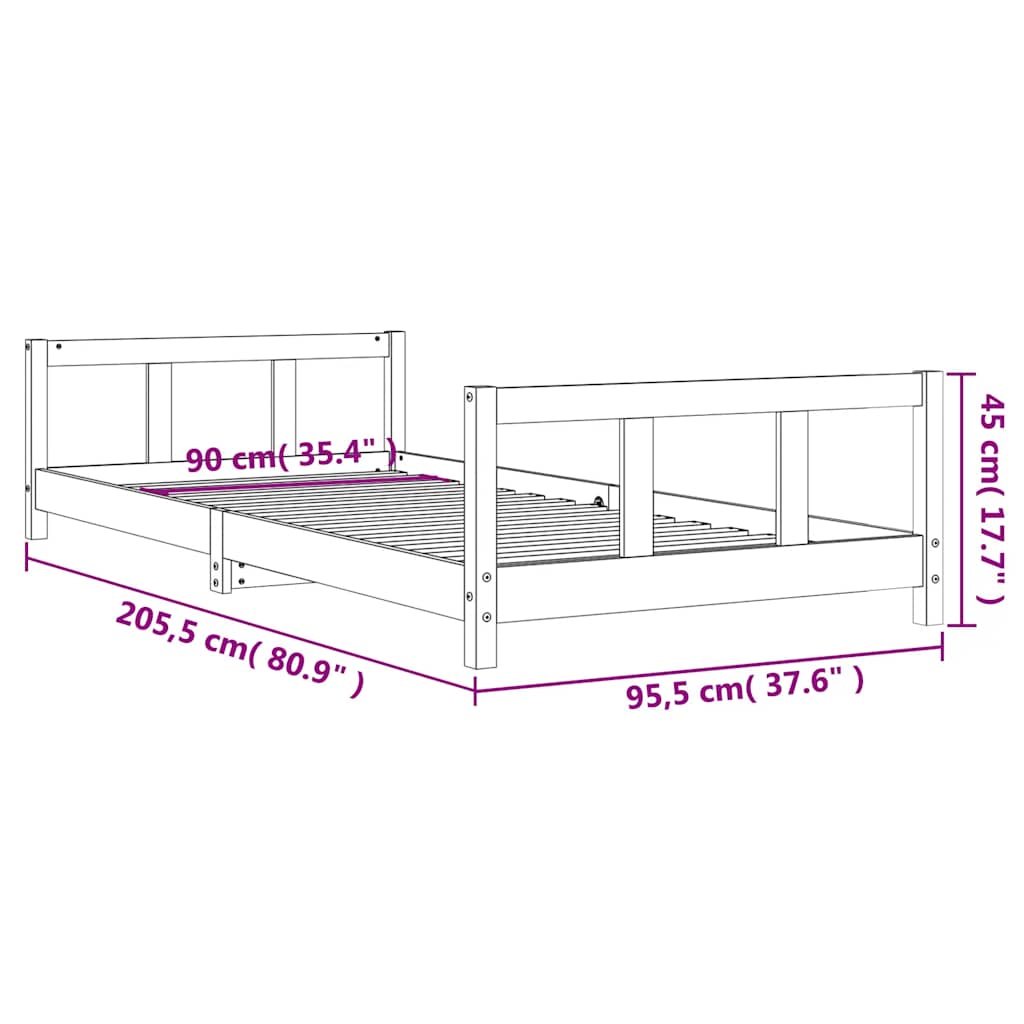 Barnesengeramme hvit 90x200 cm heltre furu