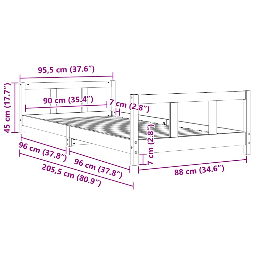 Barnesengeramme hvit 90x200 cm heltre furu