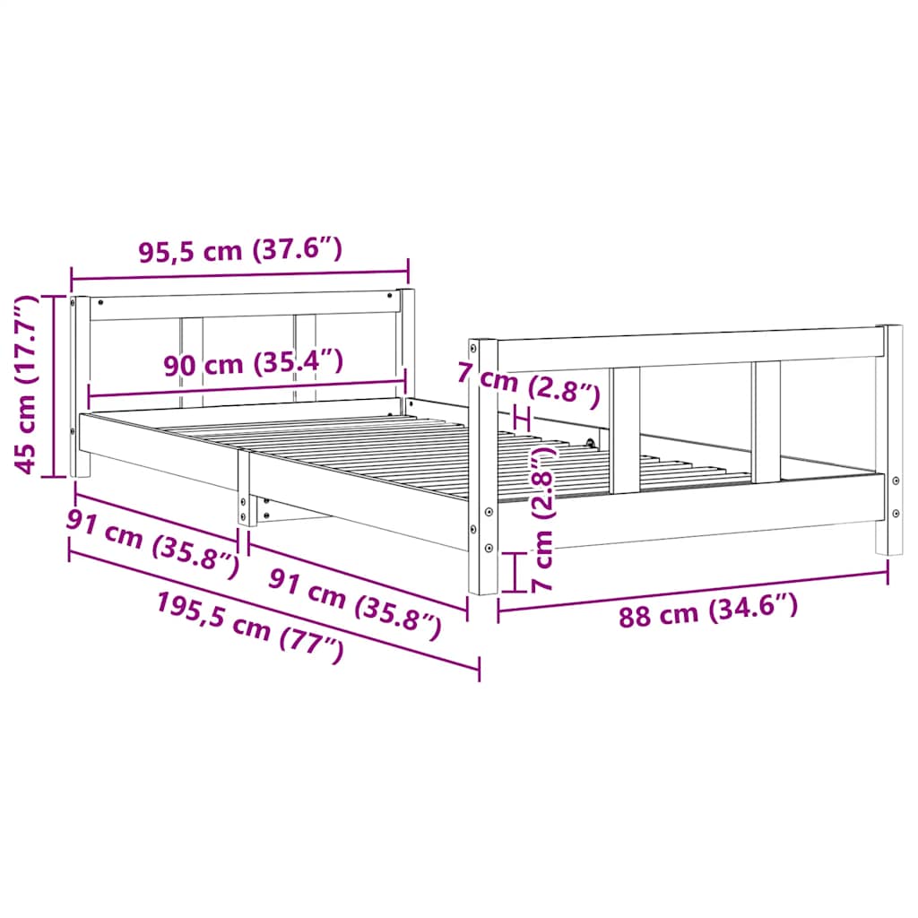 Barnesengeramme hvit 90x190 cm heltre furu