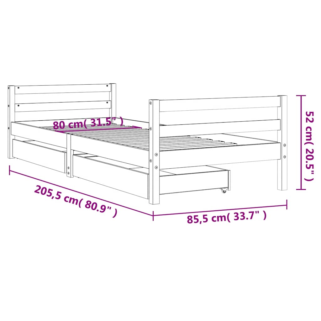 Barnesengeramme med skuffer hvit 80x200 cm heltre furu