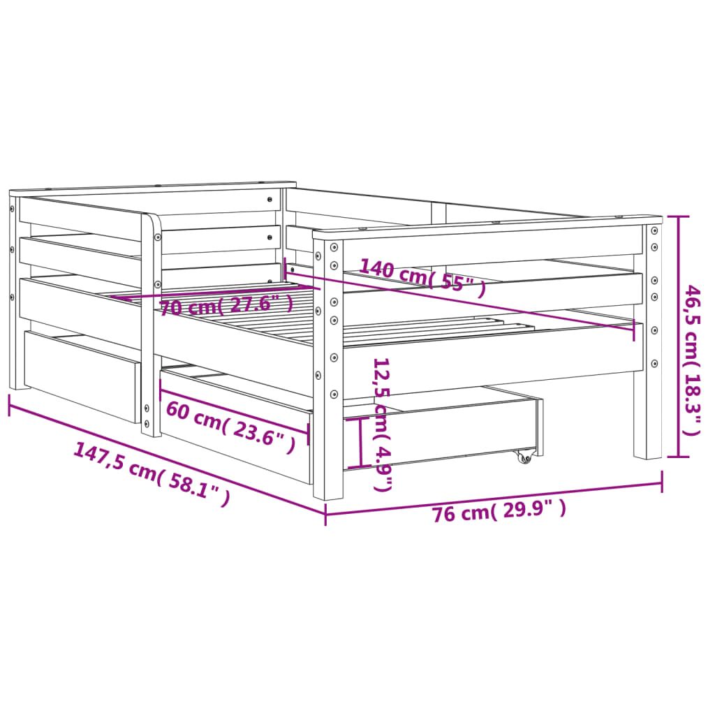 Barnesengeramme med skuffer 70x140 cm heltre furu