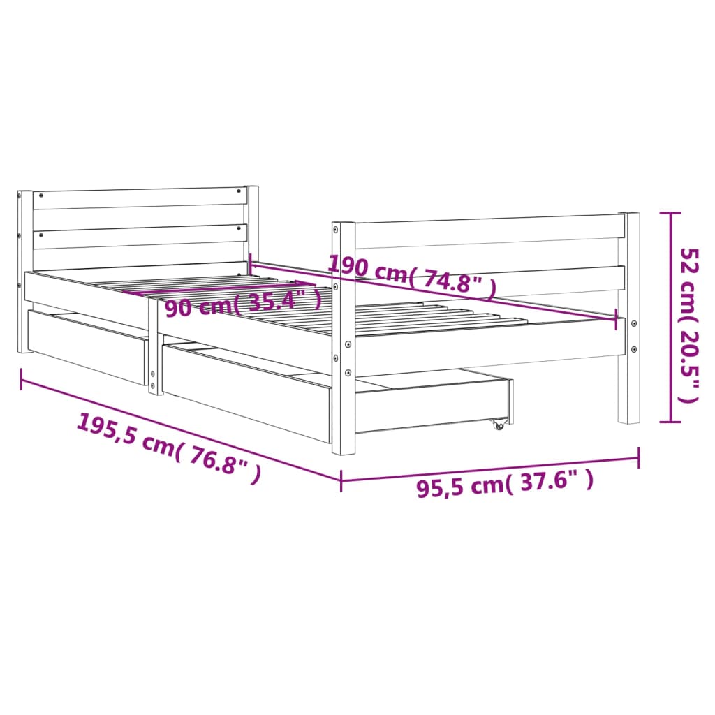 Barnesengeramme med skuffer 90x190 cm heltre furu