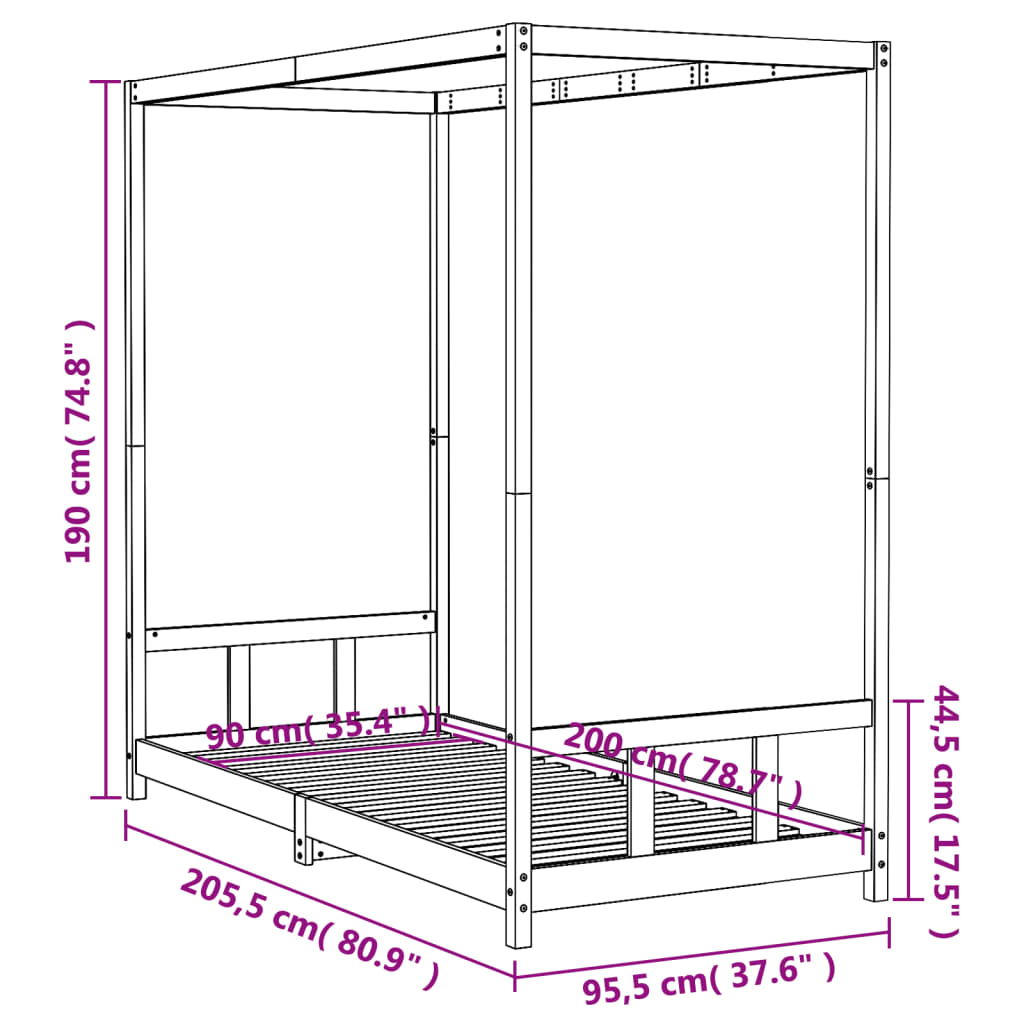 Barnesengeramme svart 90x200 cm heltre furu