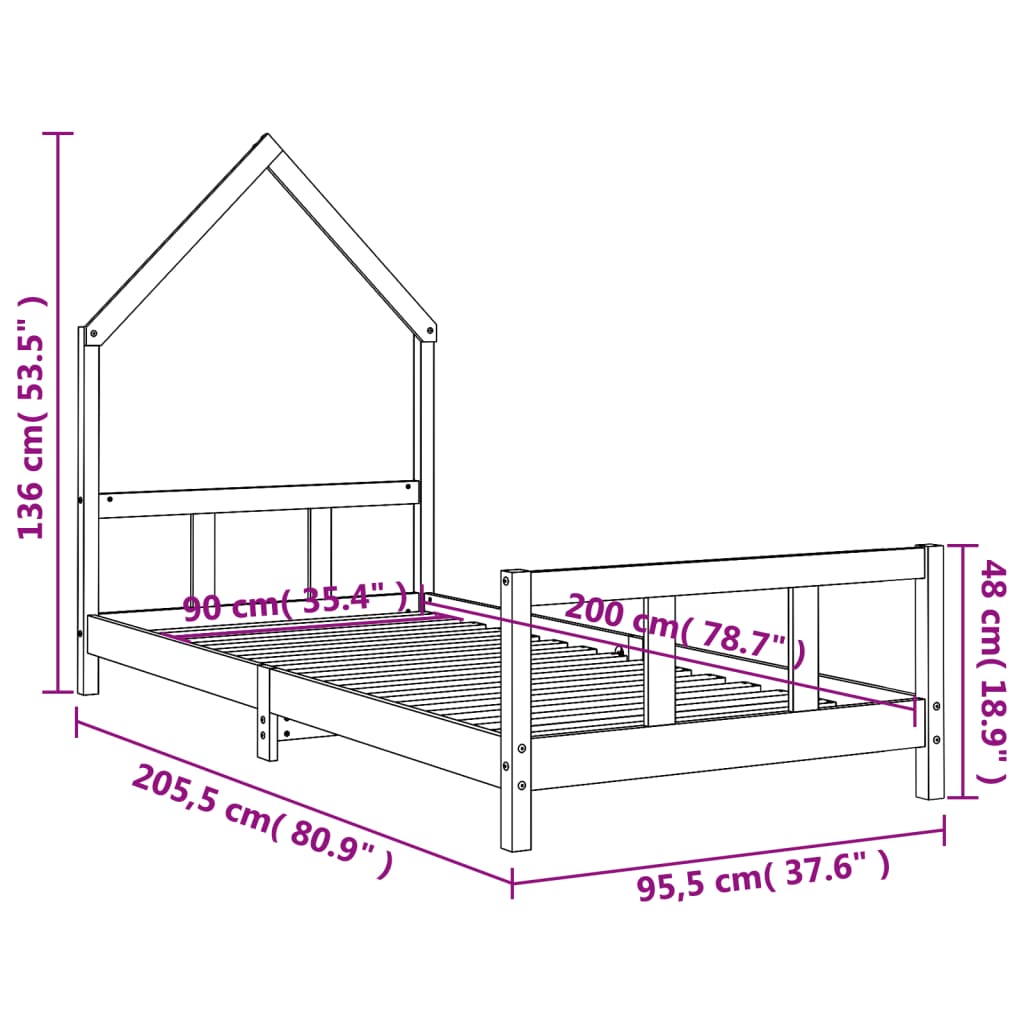 Barnesengeramme svart 90x200 cm heltre furu