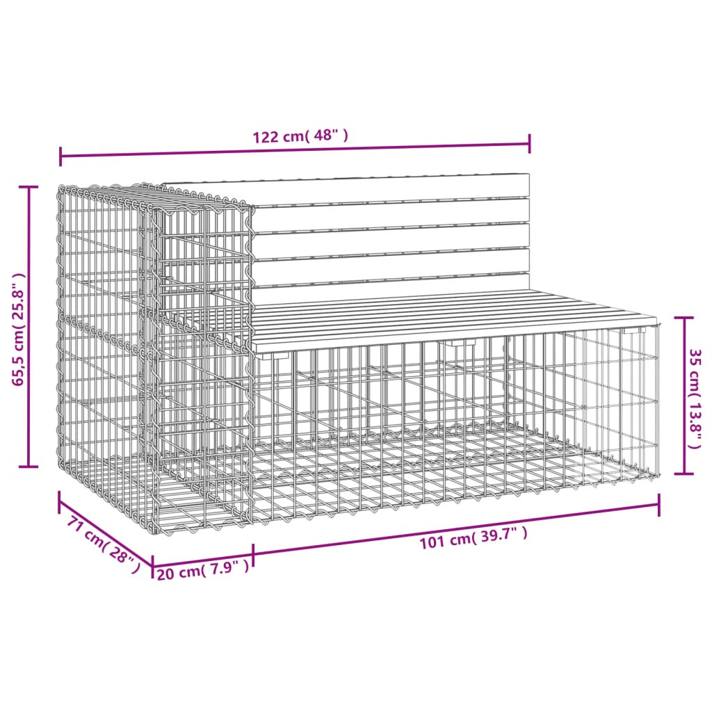 Hagebenk gabiondesign 122x71x65,5 cm heltre furu
