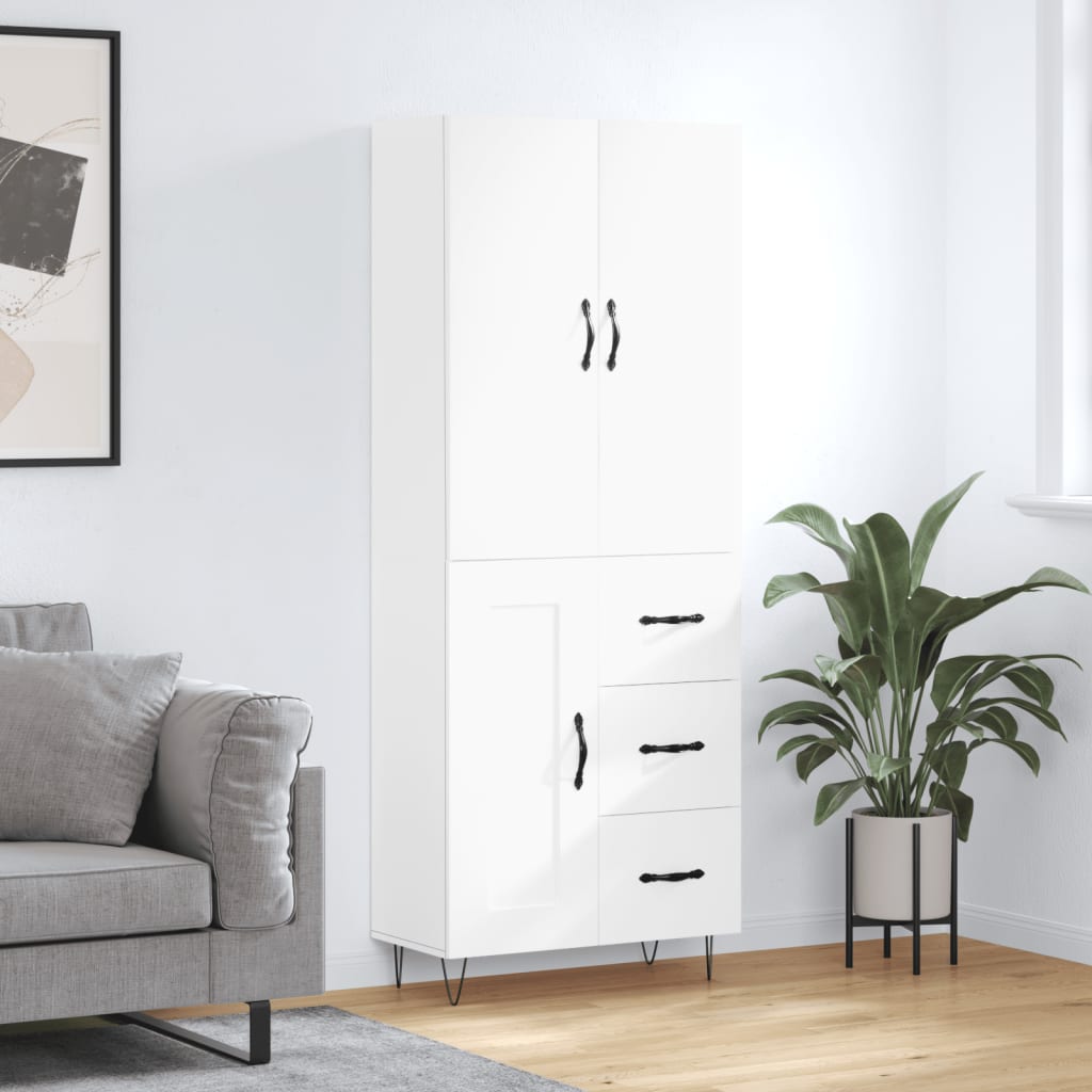 Highboard hvit 69,5x34x180 cm konstruert tre