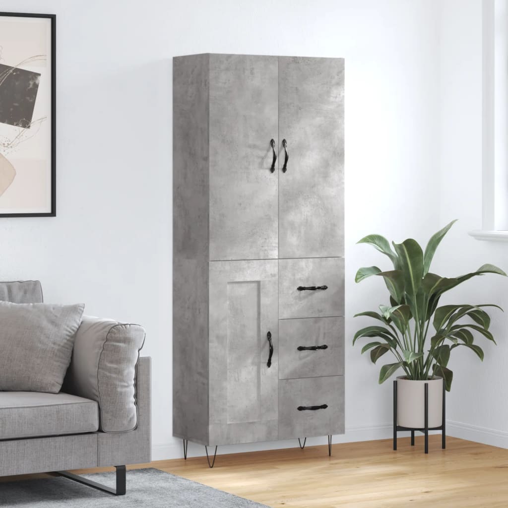 Highboard betonggrå 69,5x34x180 cm konstruert tre