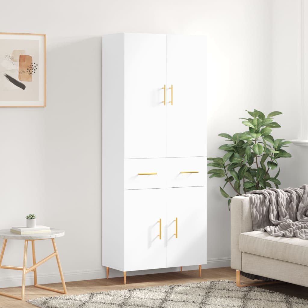Highboard hvit 69,5x34x180 cm konstruert tre