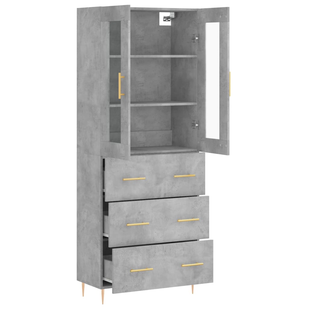 Highboard betonggrå 69,5x34x180 cm konstruert tre
