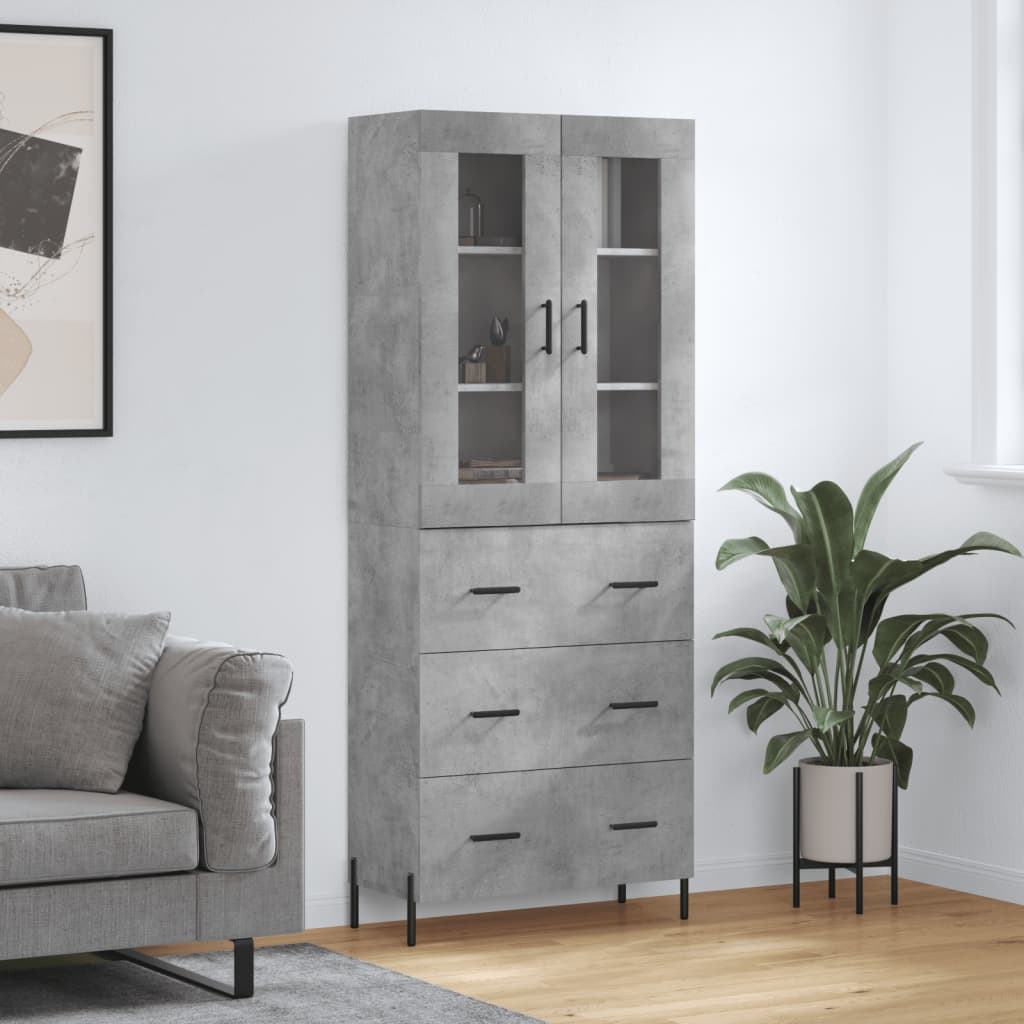 Highboard betonggrå 69,5x34x180 cm konstruert tre