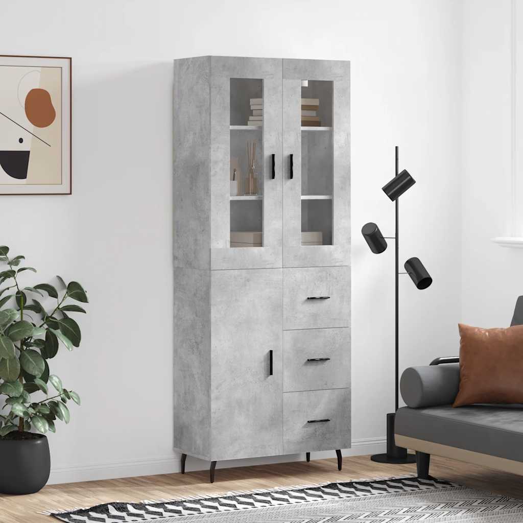 Highboard betonggrå 69,5x34x180 cm konstruert tre
