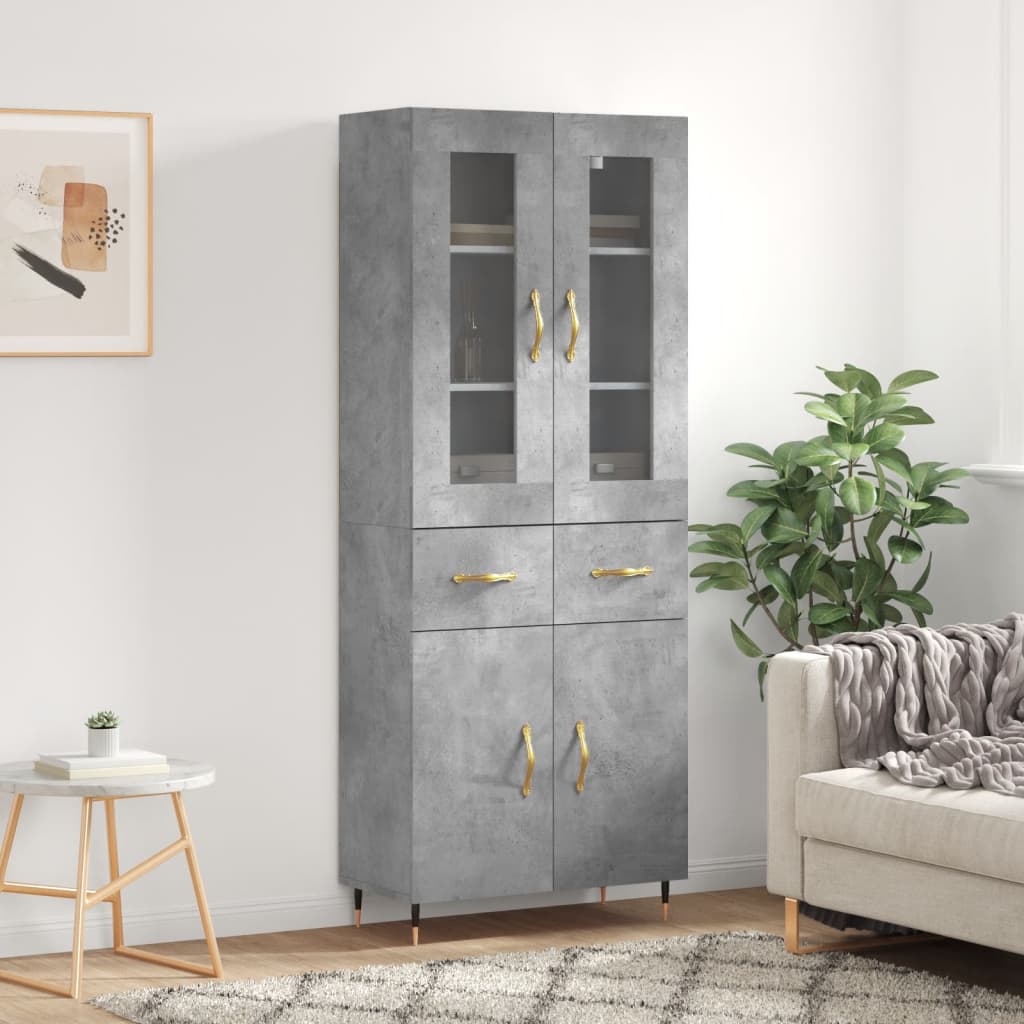 Highboard betonggrå 69,5x34x180 cm konstruert tre