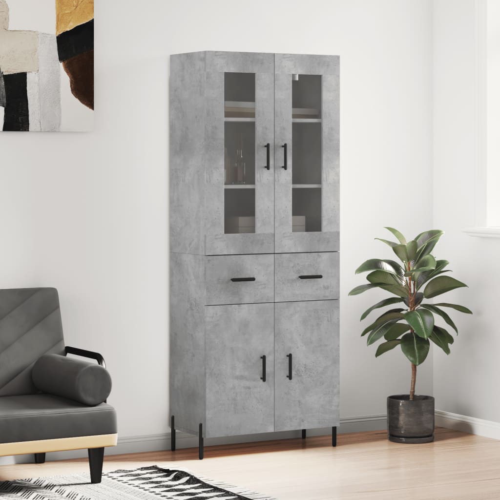 Highboard betonggrå 69,5x34x180 cm konstruert tre