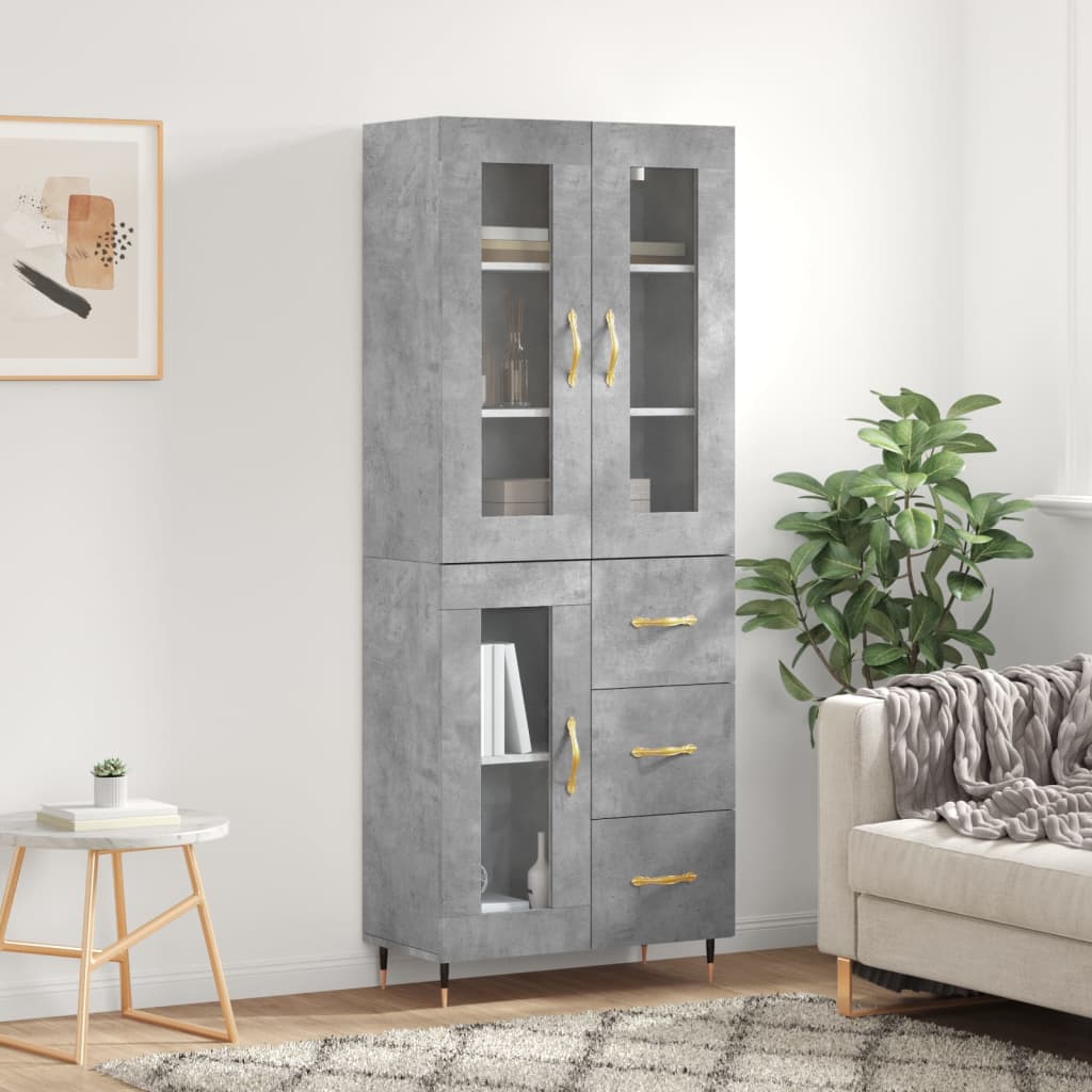 Highboard betonggrå 69,5x34x180 cm konstruert tre