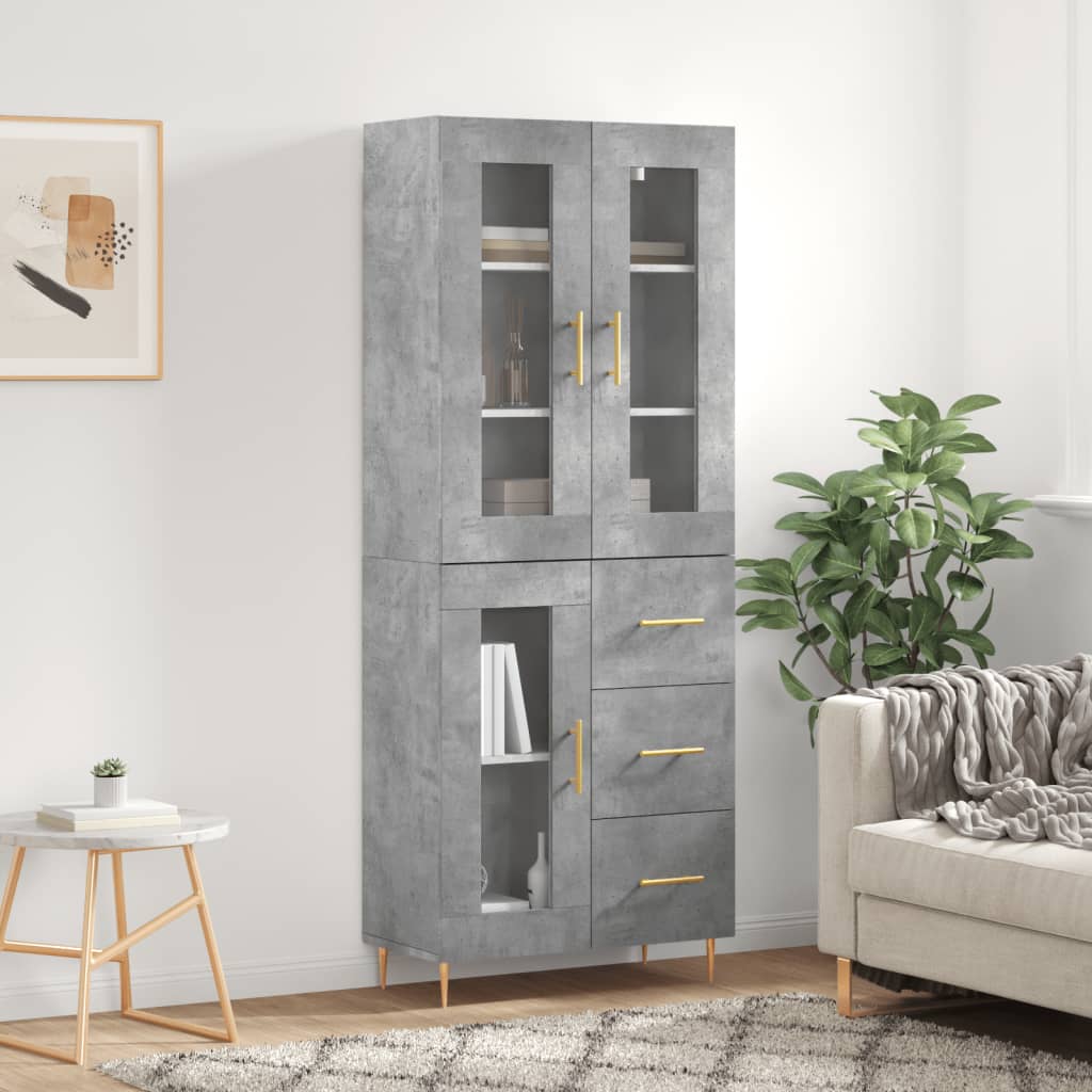 Highboard betonggrå 69,5x34x180 cm konstruert tre