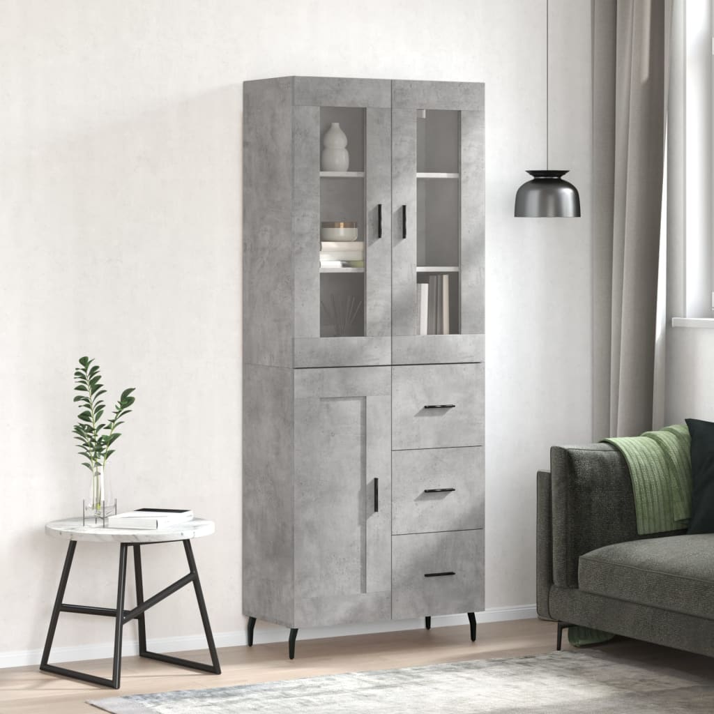 Highboard betonggrå 69,5x34x180 cm konstruert tre