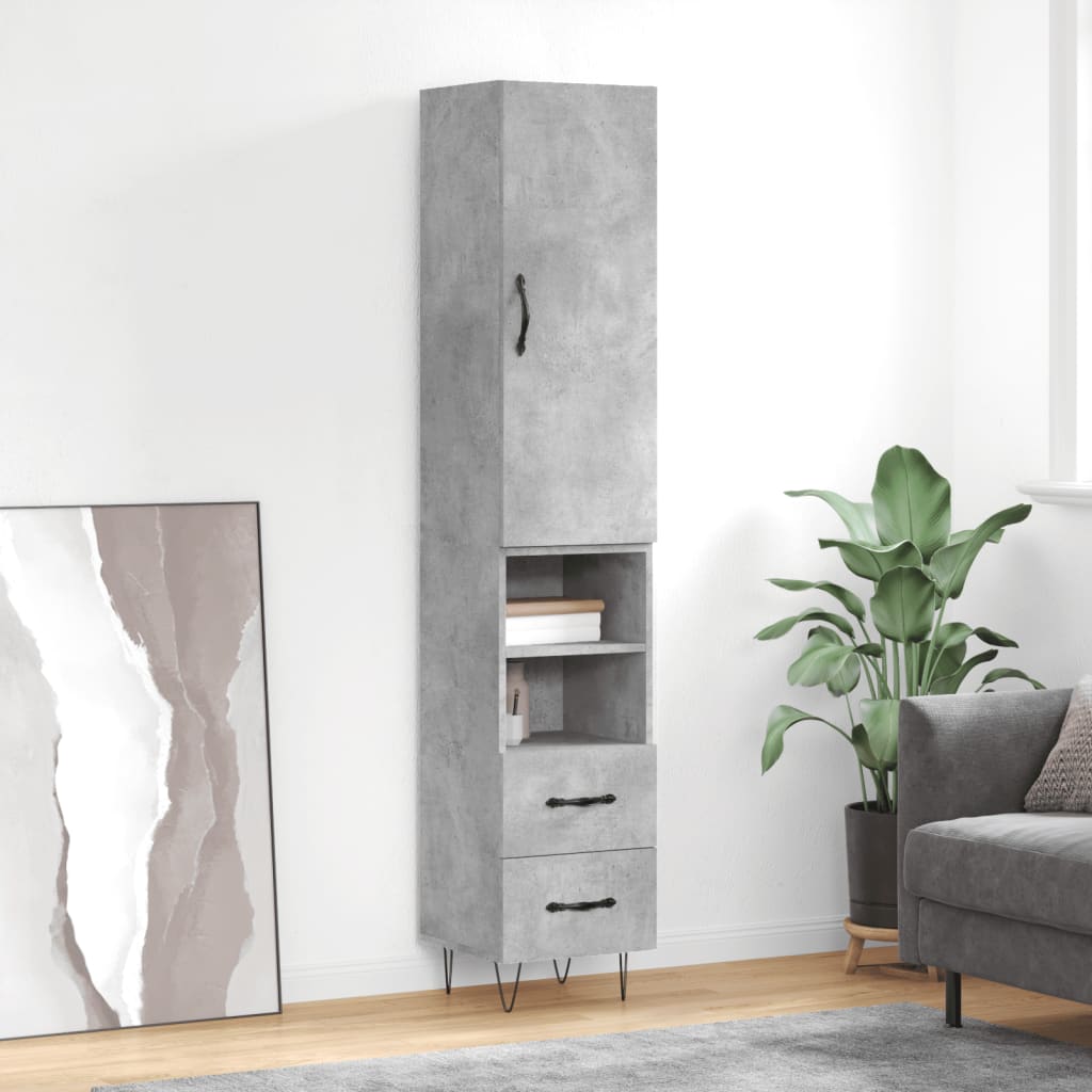Highboard betonggrå 34,5x34x180 cm konstruert tre