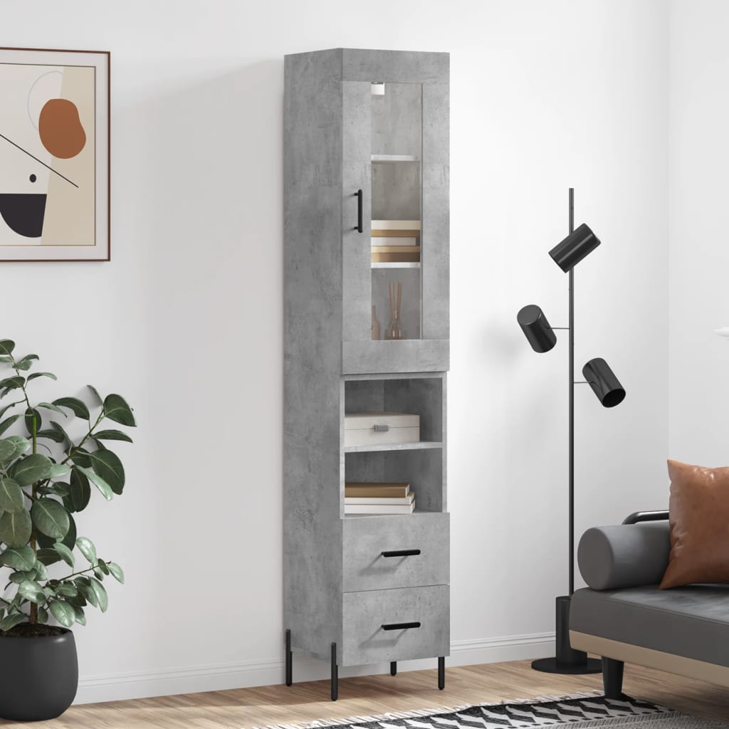 Highboard betonggrå 34,5x34x180 cm konstruert tre
