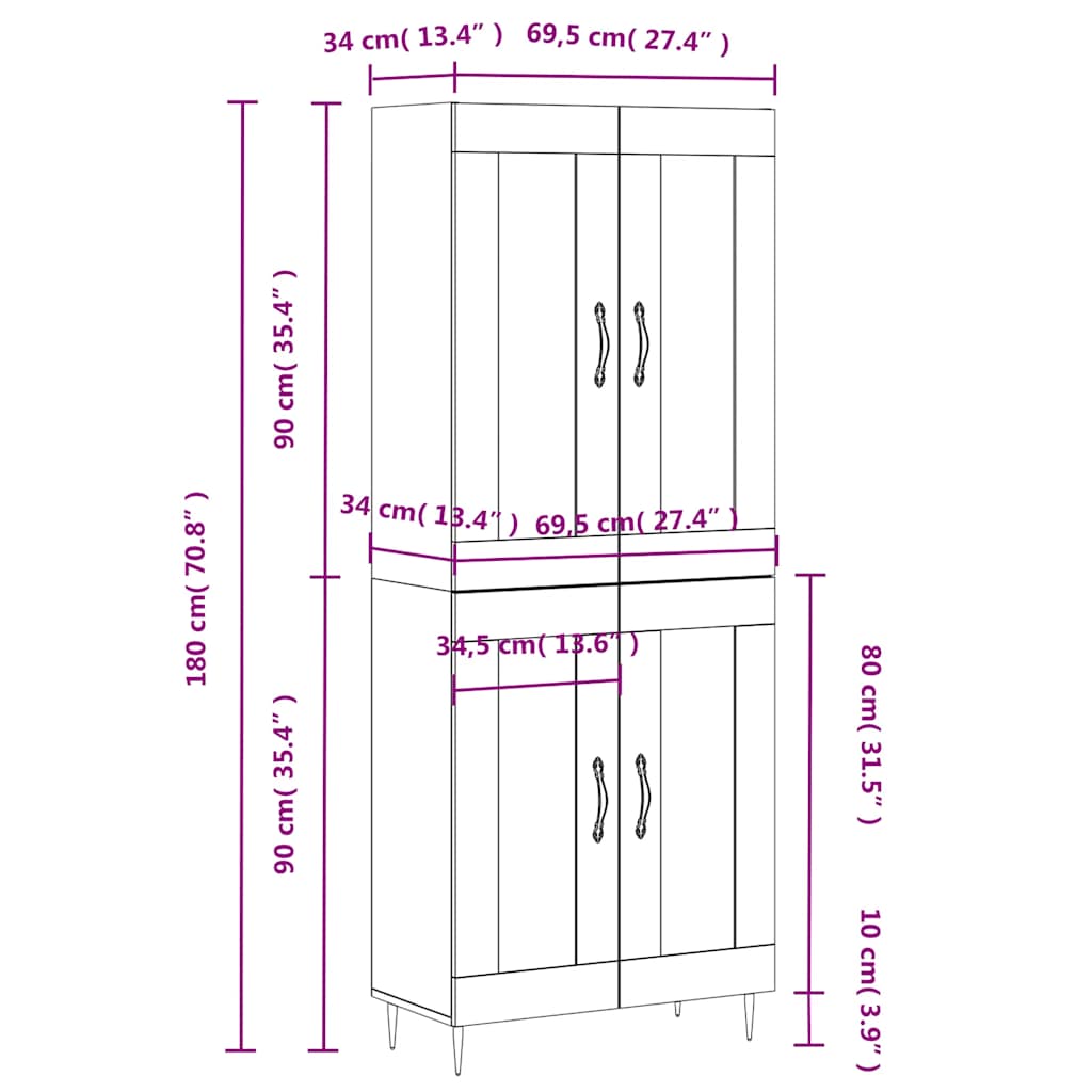 Highboard sonoma eik 69,5x34x180 cm konstruert tre