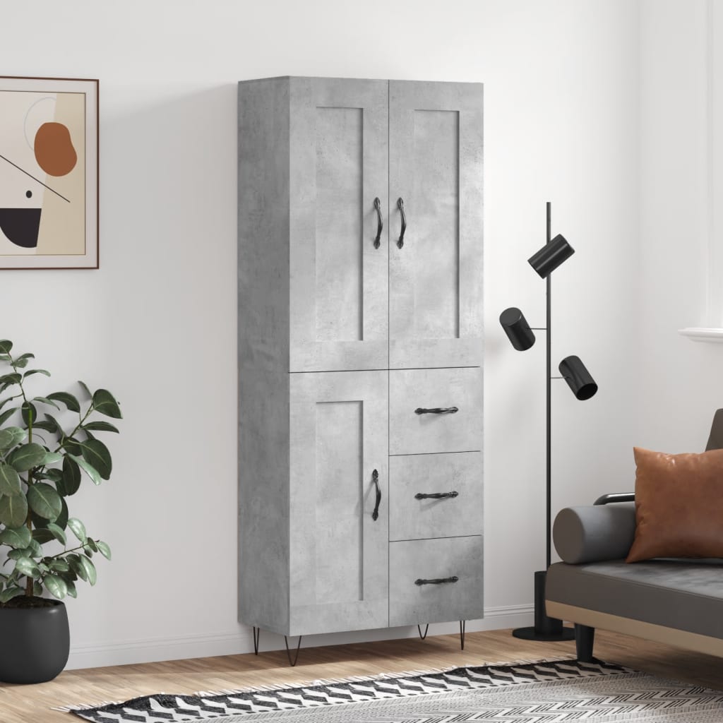 Highboard betonggrå 69,5x34x180 cm konstruert tre