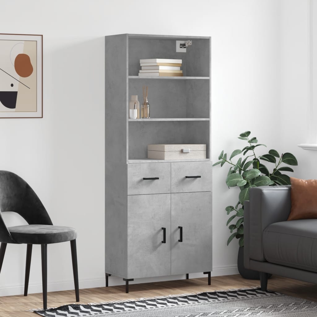 Highboard betonggrå 69,5x34x180 cm konstruert tre