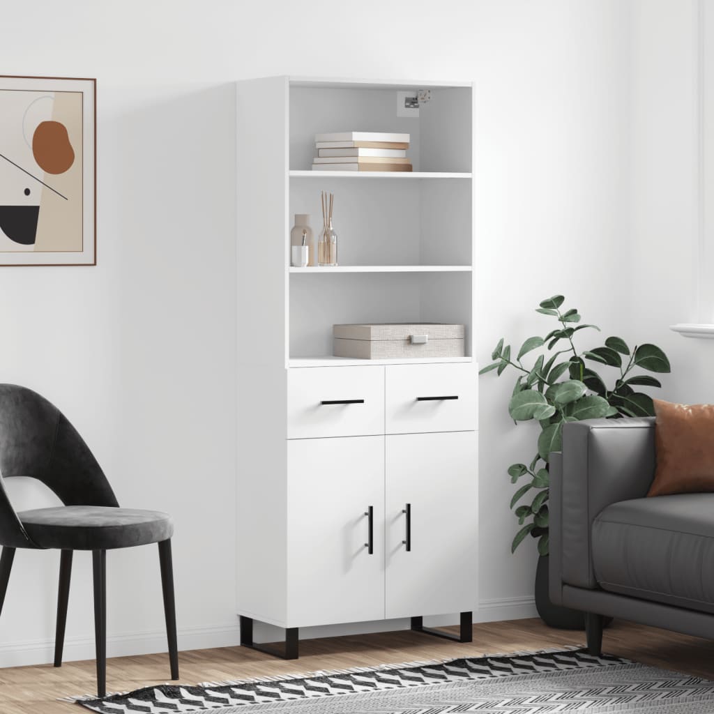 Highboard hvit 69,5x34x180 cm konstruert tre