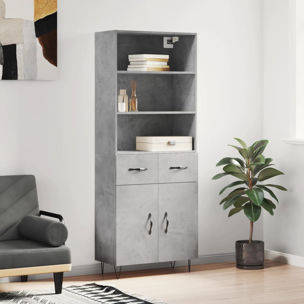 Highboard betonggrå 69,5x34x180 cm konstruert tre